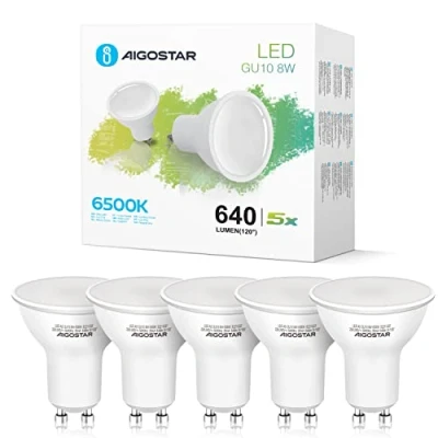 Afbeelding van Aigostar GU10 Ledlampen 8W lampen GU 10 schijnwerpers, koud wit licht 6500K, LED verlichting, 640 lumen, set van 5