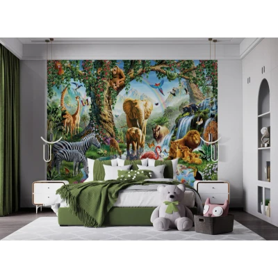 Afbeelding van Walltastic Jungle Safari Dieren Waterval Posterbehang Kinderbehang XXL (305 x 244 cm) 6 Panelen