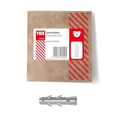 Afbeelding van TOX Barracuda expansiepluggen 5x25 mm, pluggen voor massieve baksteen en beton, zeer hoge hechtwaarden, eenvoudige installatie, 10 stuks in hersluitbare milieuvriendelijke papieren, 013600021