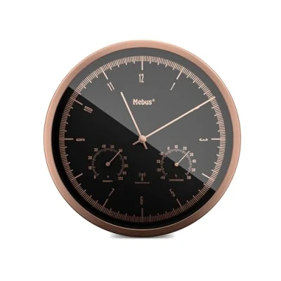 Afbeelding van TinyTime Kleine draadloze wandklok met thermo en hygrometer, zonder tikkende geluiden, diameter 25 cm, moderne wijzerplaat in zwart, koperkleurige behuizing, temperatuur luchtvochtigheid