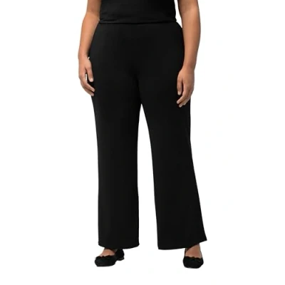 Afbeelding van Ulla Popken Dames grote maten plus size broek, jersey, wijde pijpen, elastische tailleband 806364, zwart, 32W x 32L