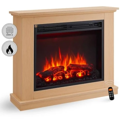 Afbeelding van CrownFlame Phanos Elektrische Open Haard staande met Verwarming 1000/2000 W, realistisch 3D vlam effect, LED Verlichting, Afstandsbediening programeerbaar, Timer, Thermostaat lichtbruin