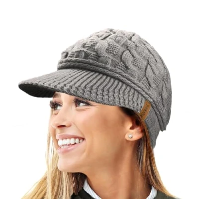 Afbeelding van TOSKATOK Dames piekkabel gebreide warme R80 Teddy fleece gevoerde beanie wintermuts, Grijs, One size