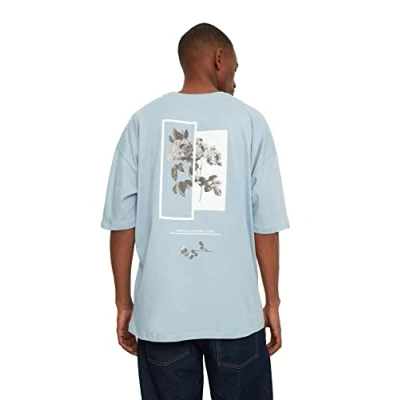 Afbeelding van Trendyol Heren Blauwe mannelijke oversized ronde kraag bedrukt korte mouwen T shirt shirt, blauw, klein