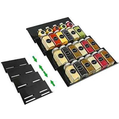 Afbeelding van Colexy Kruidenrek, lade, uittrekbaar van 30 cm tot 60 cm, opslag specerijen, keuken, lade acryl, kruidenorganizer, plantenstandaard, verstelbaar, zwart