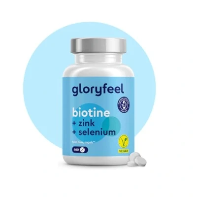 Afbeelding van gloryfeel Biotine + Zink Selenium 400 tabletten (13 maanden) Vitamines voor huid, haar en nagels* hoog bio beschikbaar