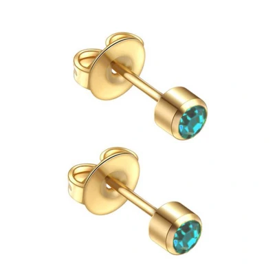 Afbeelding van Caflon 4mm 24K gold plated oorknopjes voor oorschieter hypoallergeen steriel verpakt goudkleurig met blauw turquoise steen geboortesteen december