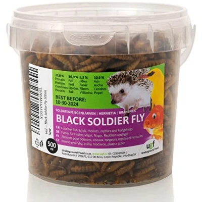 Afbeelding van UGF soldatenvliegenlarven gedroogd 500 milliliter emmer ≈ 75g, Hermetia zoals meelwormen, vogelvoer wilde vogels het hele jaar door, egelvoer, eekhoornvoer, kwartelvoer, hamstervoer, visvoer