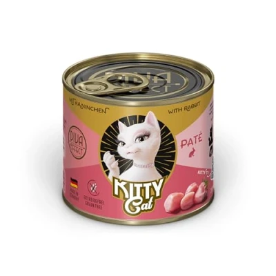 Afbeelding van KITTY Cat Paté konijn, 6 x 200 g, natvoer voor katten, graanvrij kattenvoer met taurine, zalmolie en groenlipmossel, volledig diervoeder een hoog vleesgehalte, Made in Germany