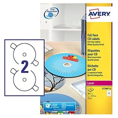 Afbeelding van Avery L7676 100 Glossy Full Face CD etiketten voor laserprinters (117 mm diameter etiketten, 2 per A4 vel, 25 vellen) wit &quot;