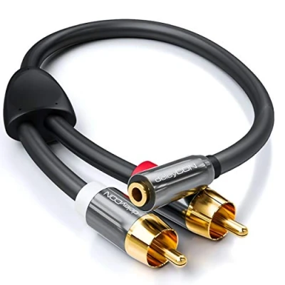 Afbeelding van deleyCON 20cm Audio Adapter 3,5mm Jackplug naar 2x RCA Cinch Stekker van Metaal Laptop Tablet Smartphone TV DVD Klankkast Zwart