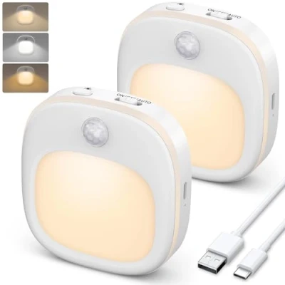 Afbeelding van LED Nachtlampje met Bewegingsmelder, [2 Stuks] Oplaadbaar voor Kinderen 3 Kleurtemperatuurmodi, 15% 100% Traploos Dimmen, om op te Plakken Trap/Hal/Slaapkamer/Keuken