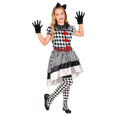 Afbeelding van Widmann Harlequin Kostuum Speelse Harlekijn Pop Kind Meisje Zwart / Wit Maat 164 Carnavalskleding Verkleedkleding