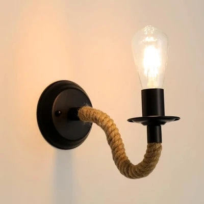 Afbeelding van Comely Vintage wandlamp, E27, henneptouw, retro wandlamp voor binnen, hal, loft, slaapkamer, café, bar (zonder lamp)