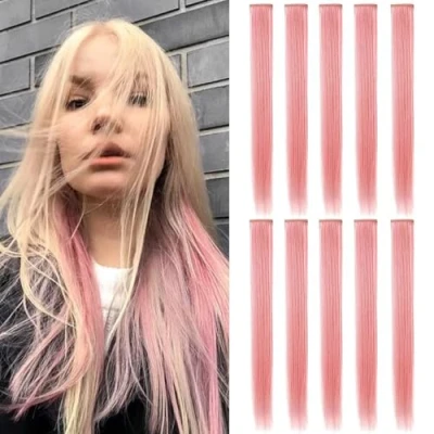 Afbeelding van ZHAOWWEI 9 PCS Princess Colorful Extensions Multi Colors Party Highlights Streak Synthetic Hairpieces Clip In/Clip On Colored Hair Extensions(smoky pink)
