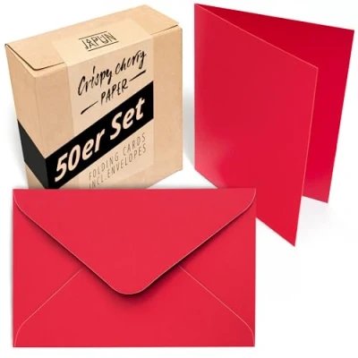 Afbeelding van Japun Set van 50 blanco vouwkaarten inclusief enveloppen, voor ontwerpen, etiketteren of afdrukken DIN A6 / C6 rood