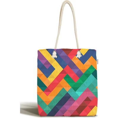 Afbeelding van Schoudertas Dames met rits Kleurrijke rechthoeken Canvas 45x50 Strandtas Shopper tas tassen Zomer Hobby