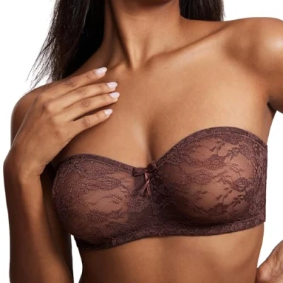 Afbeelding van Dobreva Dames Strapless Beha met Beugel Sheer Lace Dirndl Bandeau Beha&#039;s Transparante Bandjes Hazelnoot 90D