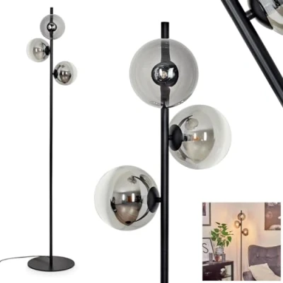 Afbeelding van Remaisnil staande lamp, moderne vloerlamp van metaal/glas in zwart/rookglas/helder, lamp met kap glas (Ø 15 cm), voetschakelaar op de kabel, 3 x G9, zonder lampen