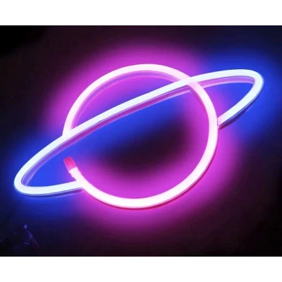 Afbeelding van LED Neon Wandlamp &quot;Planeet&quot;, Op Batterijen en USB, 30x18x2cm, Blauw/Roze