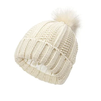 Afbeelding van TOEECY Wintermutsen voor vrouwen Pom Beanie Hoed Satijn Gevoerd Faux Bont Mutsen Warm Kabel Gebreide Hoeden Bescherm Kapsel Zachte Bobble Dames, Beige, One size