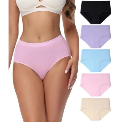 Afbeelding van wirarpa Ondergoed Dames Mid Hoge Taille Slipjes Comfortabele Katoenen Broek Volledige Slips 5 Pack, Zwart/Lichtpaars/Lichtblauw/Roze/Beige, XXL