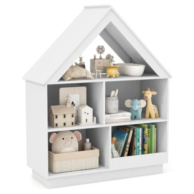 Afbeelding van COSTWAY Kinderboekenkast in huisvorm, kinderrek van hout met 5 vakken, 3 niveaus, kinderkamerrek, speelgoedorganizer, speelgoedrek voor speelkamer, slaapkamer, 88 x 34 108 cm (wit)