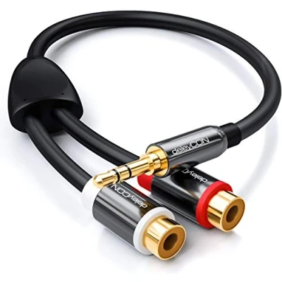 Afbeelding van deleyCON Stereo Audio Cinch naar Jack Adapter 3,5mm Plug op 2x RCA Socket Metaal Verguld Zwart