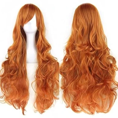 Afbeelding van IMISSU 80cm lang krullend natuurlijk haar cosplay pruik met pony kleurrijke halloween kostuum partij pruiken voor vrouwen (Oranje)