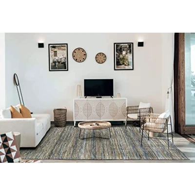 Afbeelding van HAMID Wol en jute tapijt Olivia, handgeweven wollen voor woonkamer, slaapkamer, blauw geaderd, (120 x 170 cm)