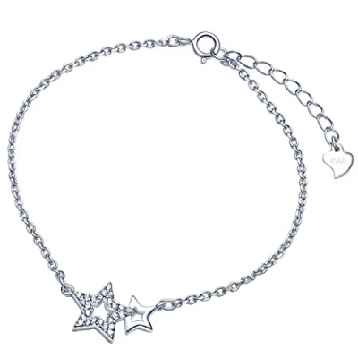 Afbeelding van Yumilok Bedelarmband met dubbele sterren, hart, 925 sterling zilver, zirkonia, zilveren schakelarmband voor dames en meisjes, 16,5 18,5 cm, verstelbaar, zilver
