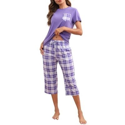 Afbeelding van Reliwel Damespyjama met korte mouwen en geruite halflange broek, tweedelige pyjama, nachtkleding zakken, maten S XXL, Lila, XXL