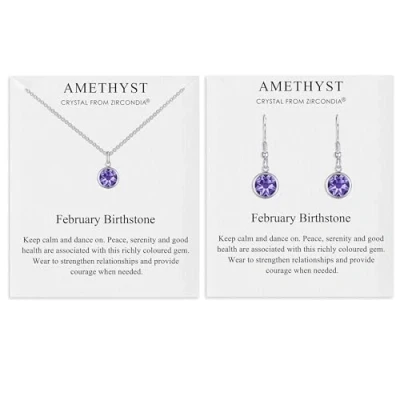 Afbeelding van Philip Jones Februari (Amethist) geboortesteen ketting &amp; oorbellen set gemaakt met zirkondia® kristallen, kristal, Zirkonia