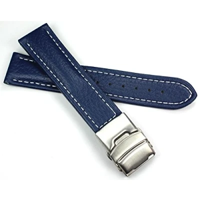 Afbeelding van Sulla Horlogebandje, echt leer, met roestvrijstalen vouwsluiting, 22 mm, middelblauw/witte naad, marineblauw, 22mm, Riemen.
