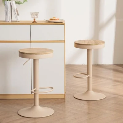 Afbeelding van YOUNIKE Barkrukken, set van 2, hout, in hoogte verstelbaar, draaibaar, barkruk, keukenstoelen, barstoelen met voetensteun, voor bar, keuken, kaki