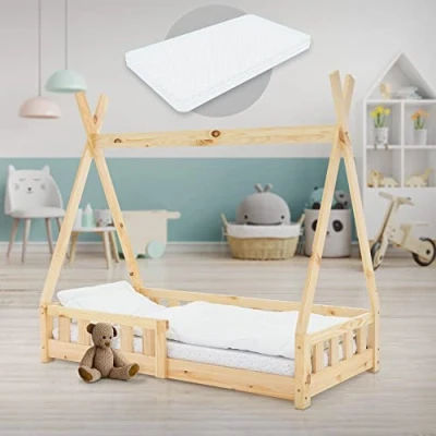 Afbeelding van ML Design Kinderbed tipi 70x140 cm naturel met matras, valbeveiliging en lattenbodem, gemaakt van grenenhout
