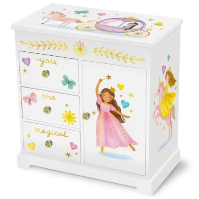Afbeelding van Prinses Muzikale Sieradendoos voor Meisjes Kindermuziekdoos met Laden, Verjaardagscadeaus Kleine Meisjes, Sieradendozen Leeftijden 3 10 22,9 x 12,7 23,5 cm, Wit