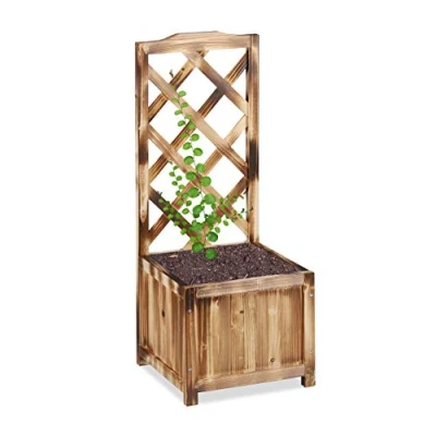 Afbeelding van Relaxdays Plantenbak met rankrooster, weerbestendig, hout, voor balkon, tuin, rozen, 20 liter, 90 cm klimhulp, gebrand, beige