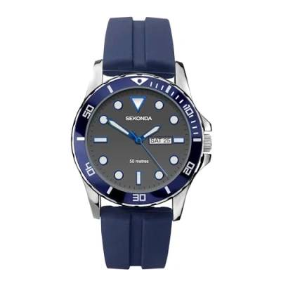 Afbeelding van Sekonda Balearic Mens 44mm Quartz Horloge met Analoge Dag/Datum Display, en Rubberen Band, Grijze wijzerplaat, blauwe ring riem, riem