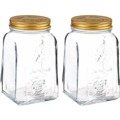 Afbeelding van Voorraadpot/bewaarpot Square 2x glas 1L transparant/goud D10 x H17 cm voedsel Voorraadpot
