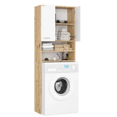 Afbeelding van BDW Wasmachinekast, 180 x 64 30 cm, hoge badkamerkast, badkamermeubel, badkamerrek, wasmachine, Rovere Artisan/Bianco