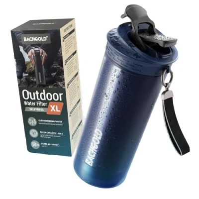 Afbeelding van Bachgold® Professionele outdoor waterfilter, fles XL, 1100 ml, met 1500 liter filtercapaciteit, verwijdert 99,99% van alle bacteriën en filtert virussen, deeltjes zware metalen, blackout
