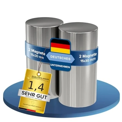 Afbeelding van 2X Neodymium powermagneet zilver staafmagneet extra sterk lang diameter 15x30mm sterke magneten supermagneet hechtkracht ca. 10,5 kg voor whiteboard, prikbord, magneetbord,