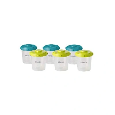 Afbeelding van BÉABA Set van 6 opbergbekers voor babyvoeding, stapelbare en met clip te bevestigen containers, 100% luchtdicht maatschaal, geschikt vriezen, x 200 ml, geel/blauw