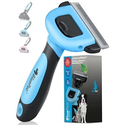 Afbeelding van BluePet® Korthaar kattenborstel en hondenborstel voor ondervacht, geluk, verwijdering van ondervacht verzorging dekhaar, kleine tot grote katten honden, deshedding, kattenkam, 66 mm (blauw)