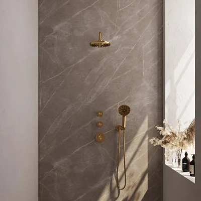 Afbeelding van Brauer Gold Edition Regendouchesets inbouw hoofddouche 20cm Wandarm met inbouwdeel Gladde knoppen handdouche Rond 1 stand PVD geborsteld