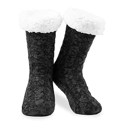 Afbeelding van CityComfort Damessokken met sherpa voering en antislip pads cadeaus voor haar, Zwart houtskool, Eén maat