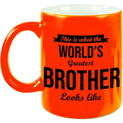 Afbeelding van Worlds Greatest Brother cadeau mok / beker neon oranje 330 ml feest mokken