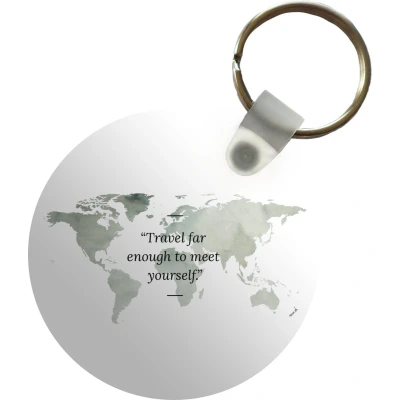 Afbeelding van Sleutelhanger Wereldkaart Aquarel Quote Plastic Rond Uitdeelcadeautjes
