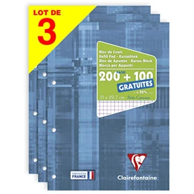 Afbeelding van Clairefontaine 65816AMZC Set van 3 gelijmde en geperforeerde cursusblokken A4 21x29,7 cm 200 pagina&#039;s + 100 gratis Kleine ruitjes Wit papier 90 g Glanzende karton cover